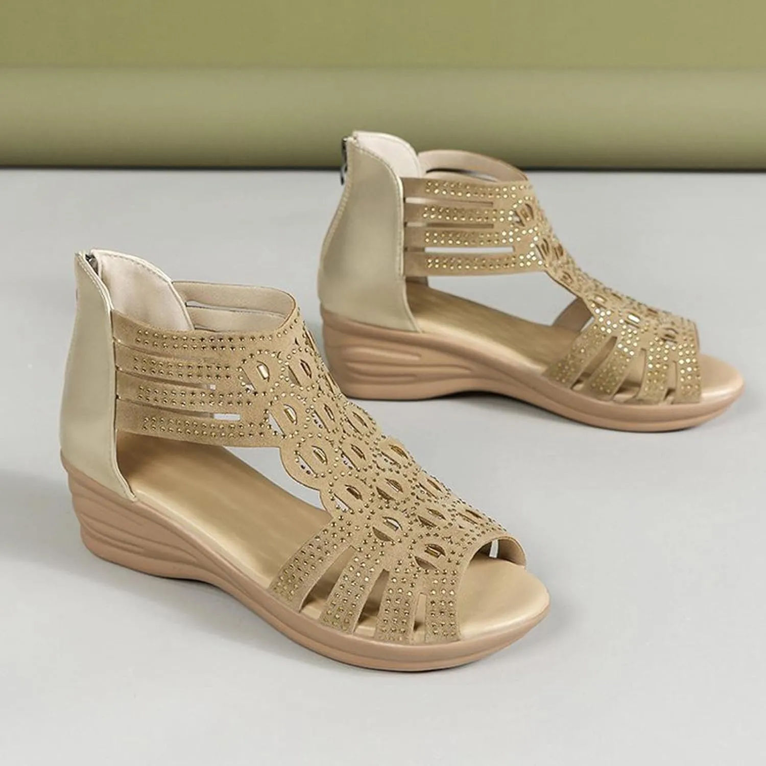 Women's Wedge Sandals Dressy Rhinestone Gladiator Sandals Zipper Back Strappy Wedge Sandal Ladies Roman Heeled Shoes