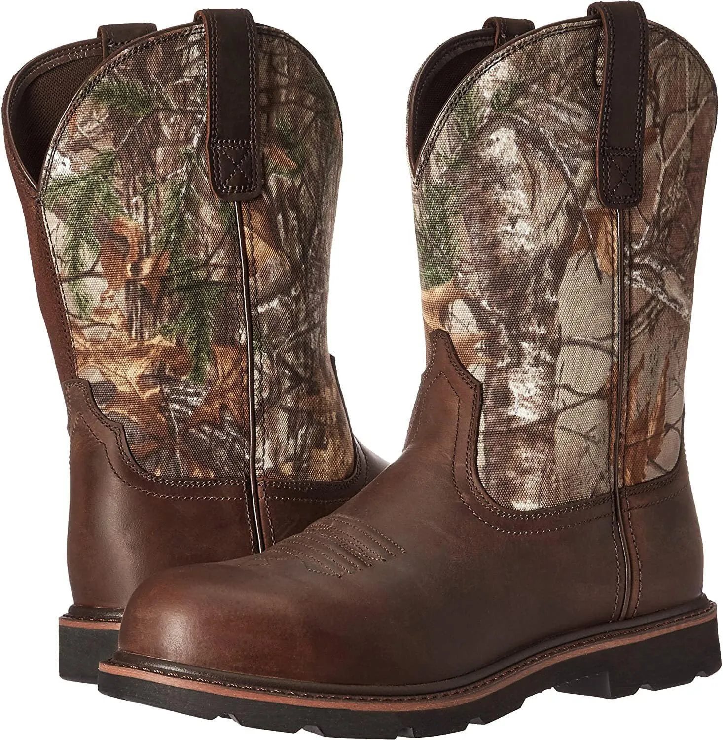 Work Boots for Men - Composite Toe Brown Combat Boots, Pull On Chunky Heel Round Toe Cowboy Boots