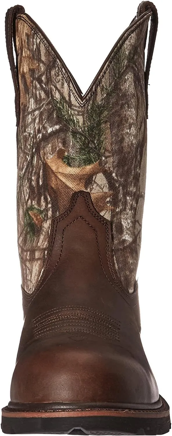 Work Boots for Men - Composite Toe Brown Combat Boots, Pull On Chunky Heel Round Toe Cowboy Boots
