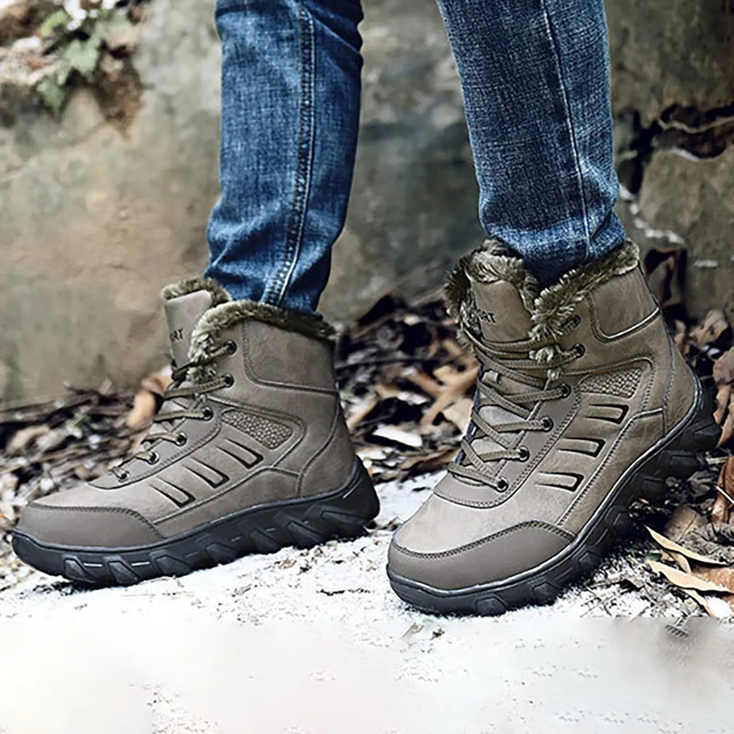 Work Boots for Men Steel Toe Hiking Sneakers Zip Up Fur Lined Workout Shoes for Women Composite Toe Slip On Platform Shoes Lightweight Comfortable Hike Grounded Footwear