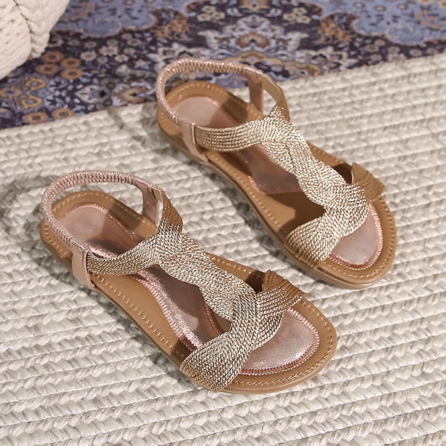 Yoga Mat Comfortable Flat Sandal for Women Dressy Shoes with Hook & Loop Strap Fashion Bow Flats for Women