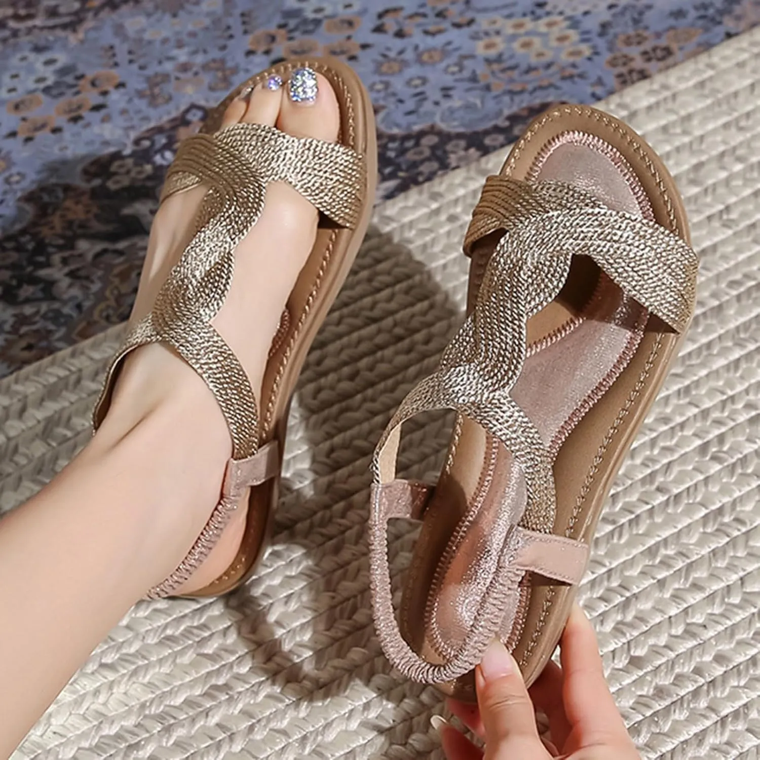 Yoga Mat Comfortable Flat Sandal for Women Dressy Shoes with Hook & Loop Strap Fashion Bow Flats for Women