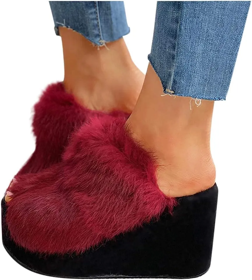 ZBYY Plush Slippers for Women Fluffy Summer Open Toe Wedges House Slippers Indoor or Outdoor Platforms Slides Slipper
