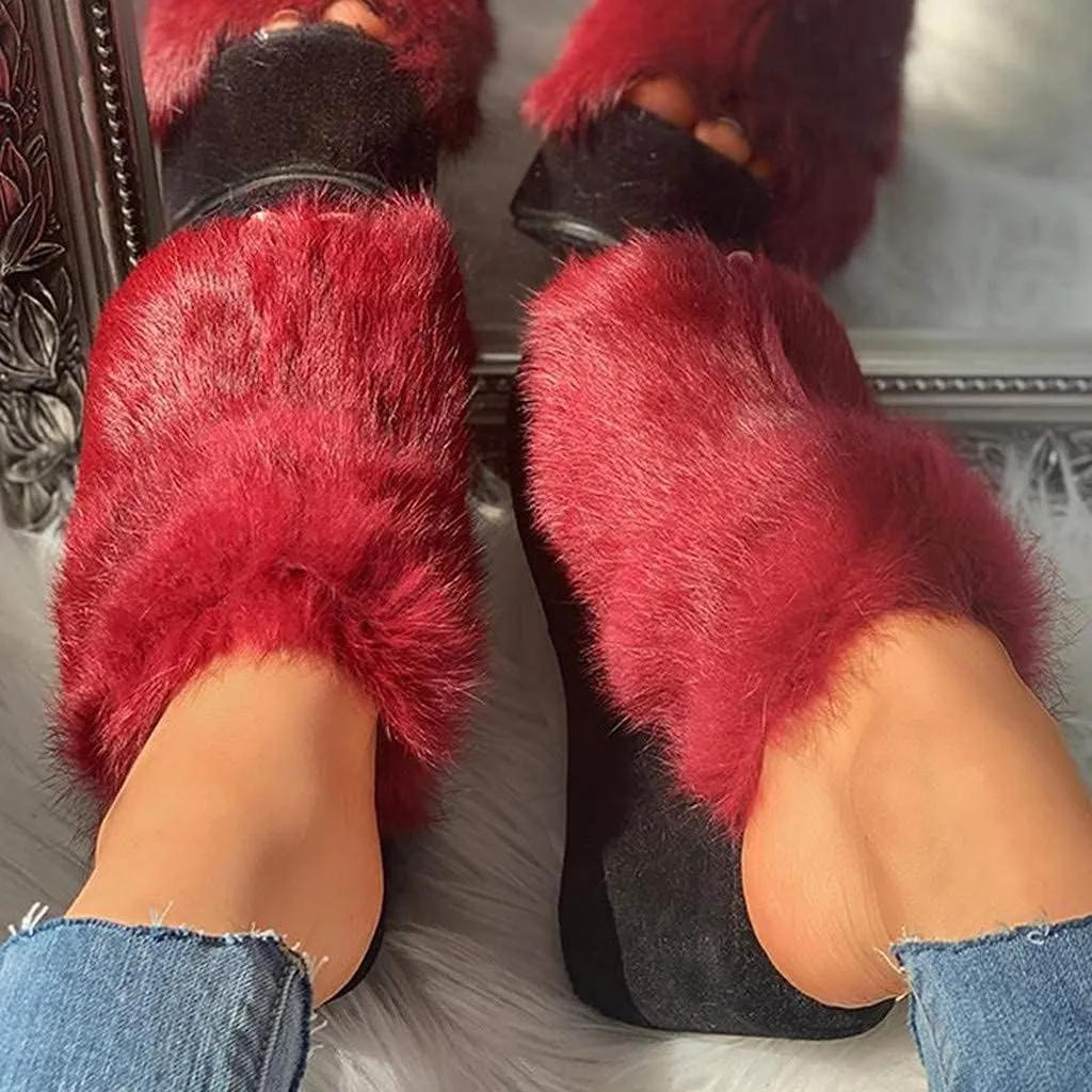 ZBYY Plush Slippers for Women Fluffy Summer Open Toe Wedges House Slippers Indoor or Outdoor Platforms Slides Slipper