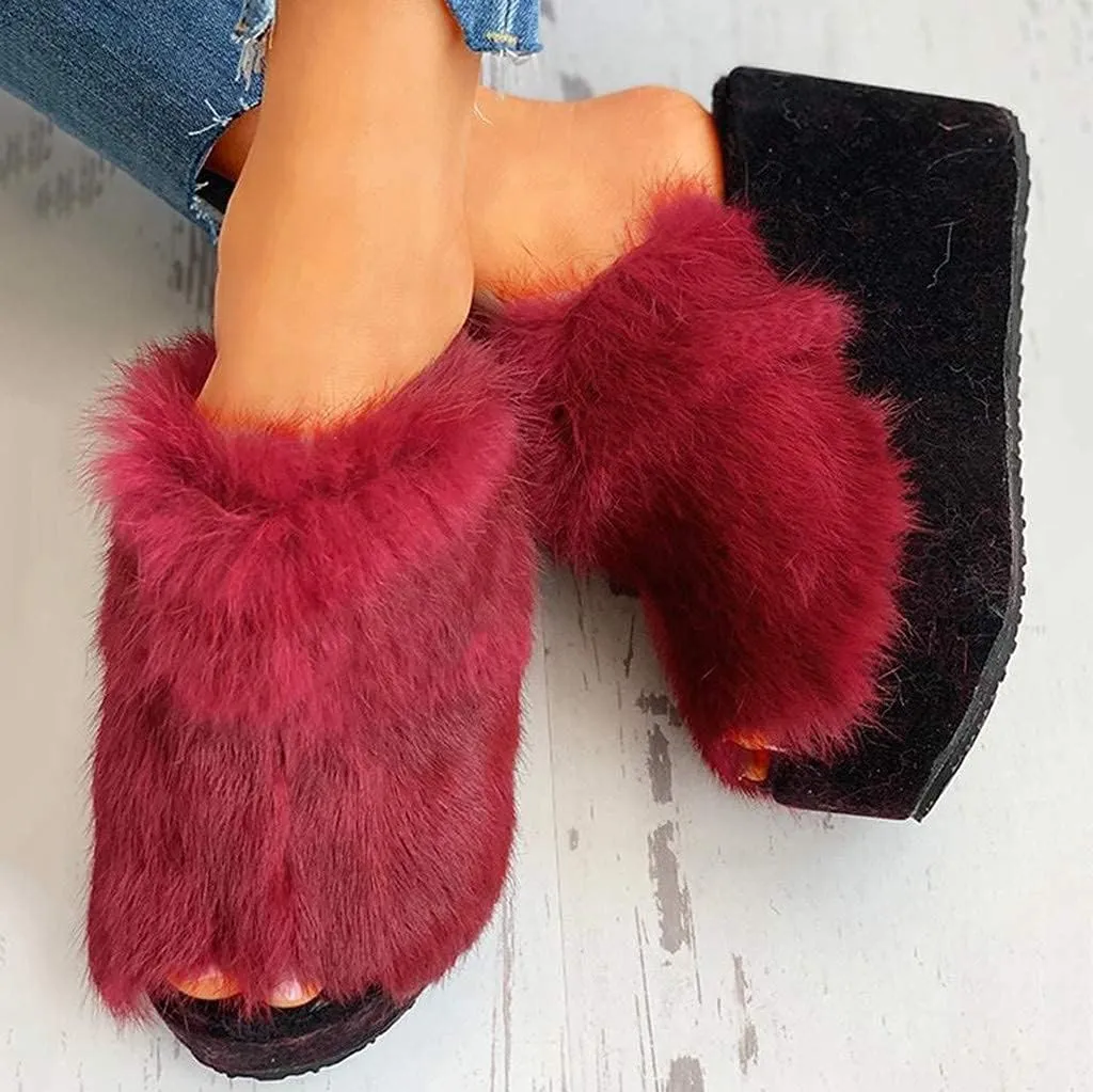ZBYY Plush Slippers for Women Fluffy Summer Open Toe Wedges House Slippers Indoor or Outdoor Platforms Slides Slipper