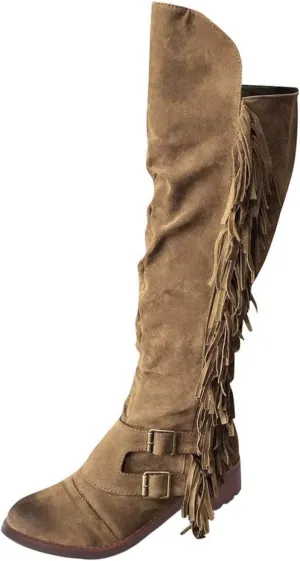 ZBYY Women's Knee High Boots Casual Over The Knee Retro Fringe Moccasin Flat Heel Zipper Long Boots Square Heels Shoes