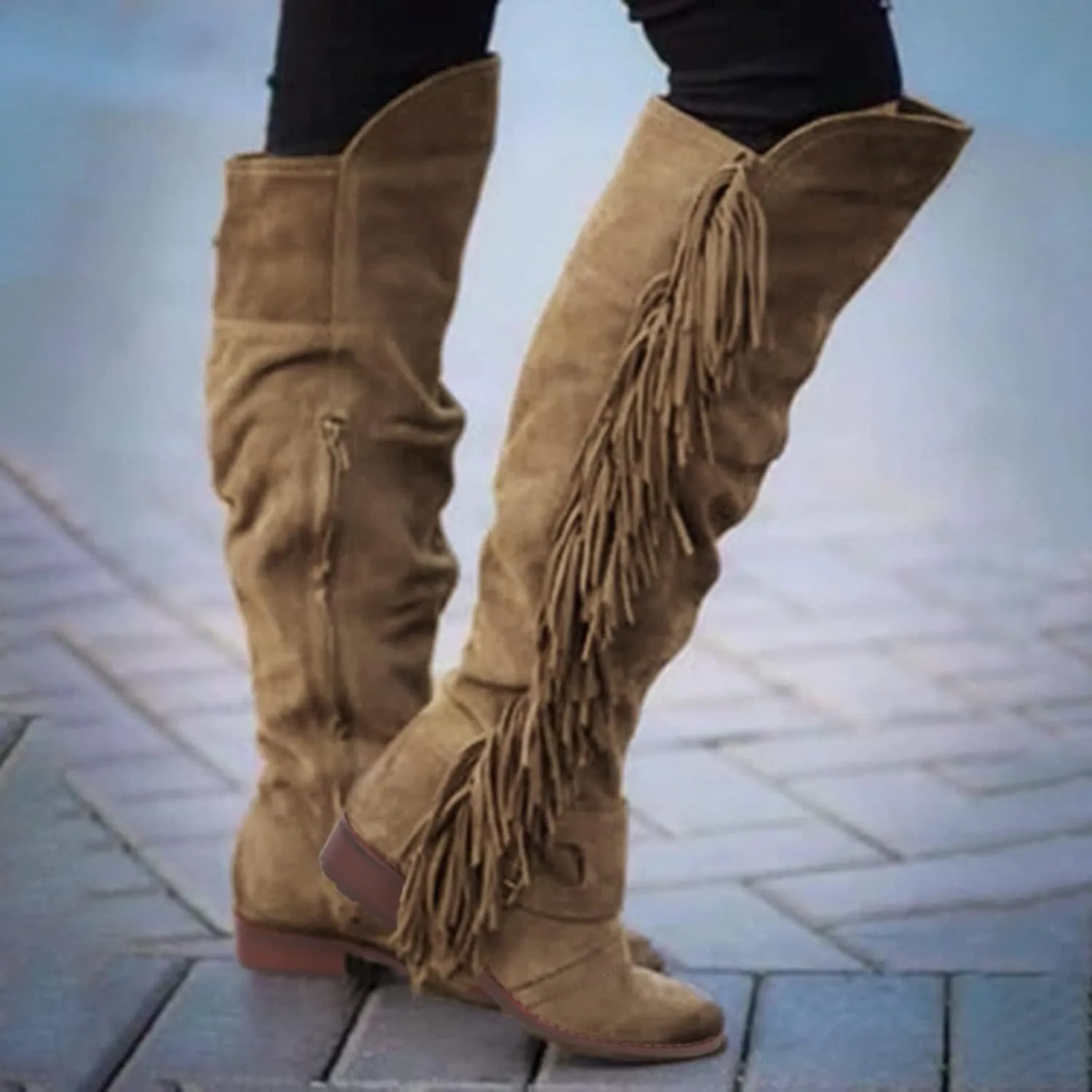 ZBYY Women's Knee High Boots Casual Over The Knee Retro Fringe Moccasin Flat Heel Zipper Long Boots Square Heels Shoes