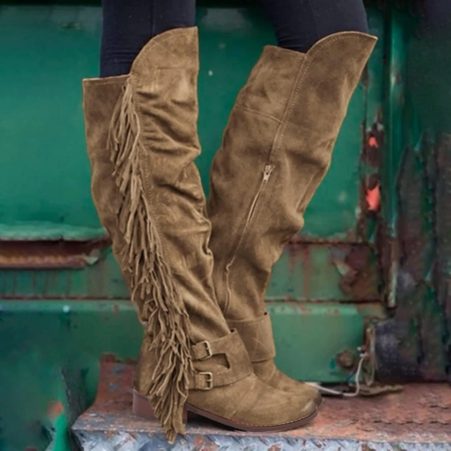 ZBYY Women's Knee High Boots Casual Over The Knee Retro Fringe Moccasin Flat Heel Zipper Long Boots Square Heels Shoes