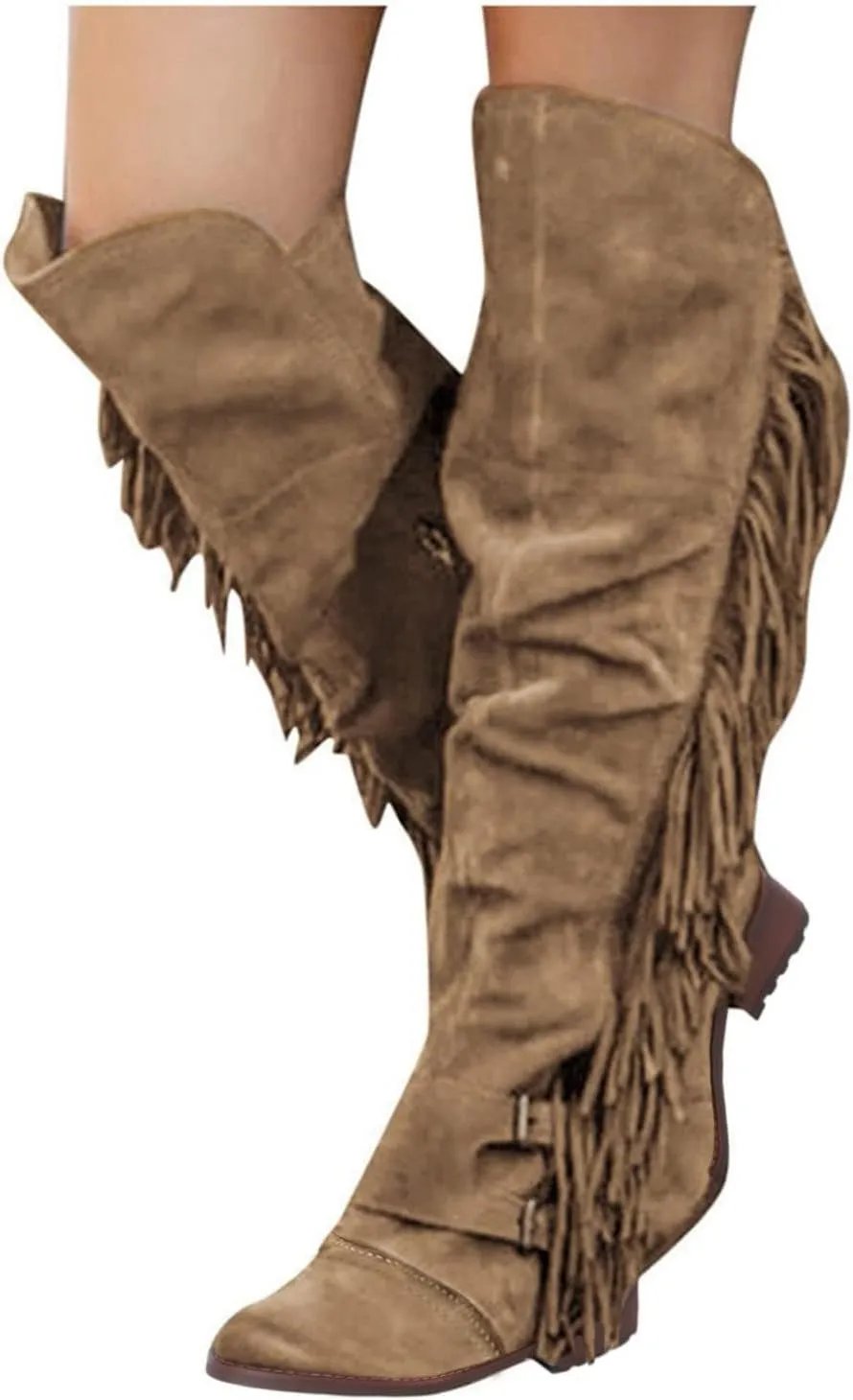 ZBYY Women's Knee High Boots Casual Over The Knee Retro Fringe Moccasin Flat Heel Zipper Long Boots Square Heels Shoes