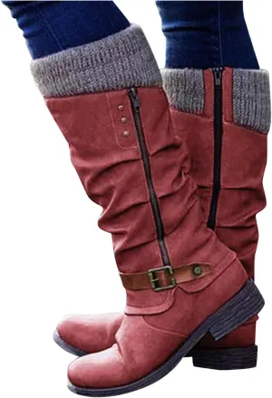 ZBYY Women's Knee High Boot,Winter Warm Side Zipper Knee High Riding Boots Low Heel Buckle Mid Calf Fashion Boots