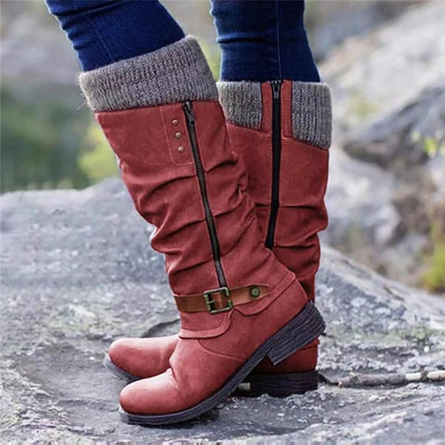 ZBYY Women's Knee High Boot,Winter Warm Side Zipper Knee High Riding Boots Low Heel Buckle Mid Calf Fashion Boots