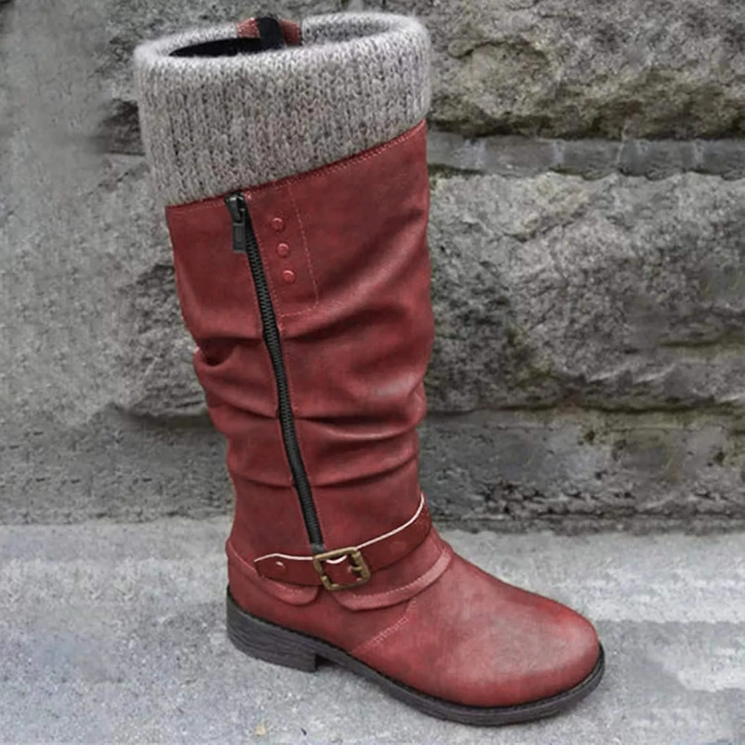 ZBYY Women's Knee High Boot,Winter Warm Side Zipper Knee High Riding Boots Low Heel Buckle Mid Calf Fashion Boots