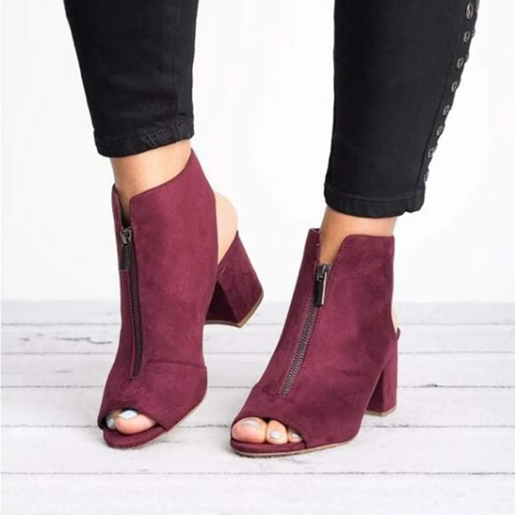 ZBYY Womens Open Toe Heel Sandals,Fashion Cutout Side Strap Zipper Chunky Heel Sandals Slip On Ankle Backless Booties