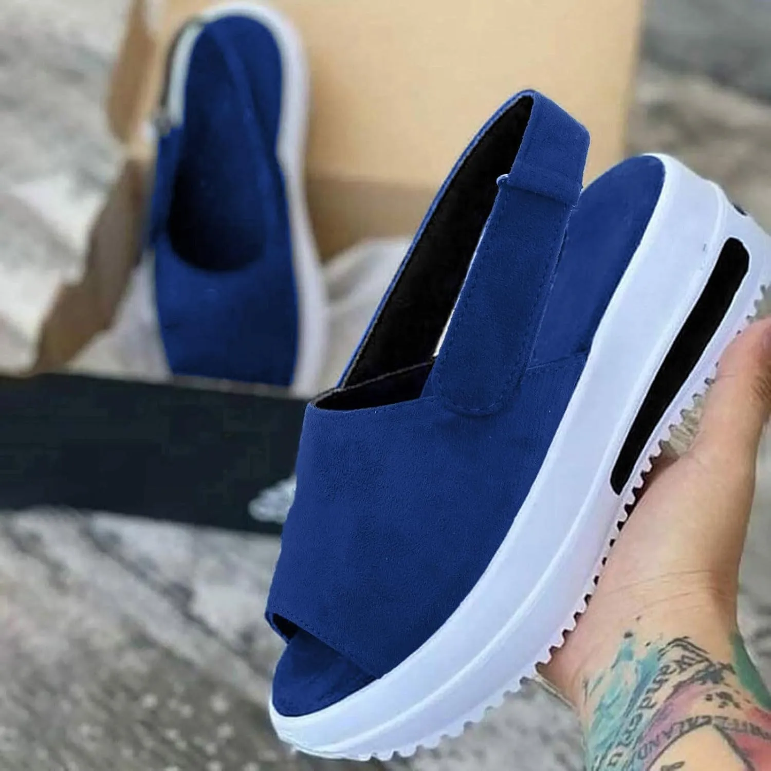 ZSpzx Sandals For Women 2025,Women's Slip On Loafers for Comfortable Wedge Low Heels Strap Mule Fish Mouth Walking Shoes Dressy Summer Flat Ladies Platform Wedges Canvas Sneakers