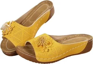 ZWRXW Orthopedic Sandals for Women,Arch Support Summer Beach Sandals,Fish Mouth Open Toe Leather Slippers,Chic Flowers Bohemian Flip Flops,Dressy Wedge Comfort Platform Sandal