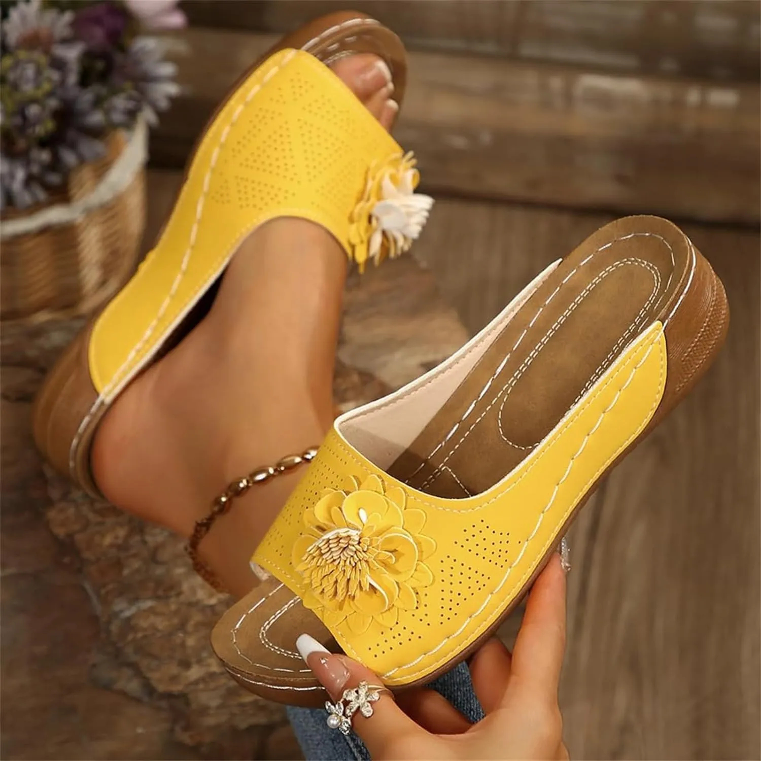 ZWRXW Orthopedic Sandals for Women,Arch Support Summer Beach Sandals,Fish Mouth Open Toe Leather Slippers,Chic Flowers Bohemian Flip Flops,Dressy Wedge Comfort Platform Sandal