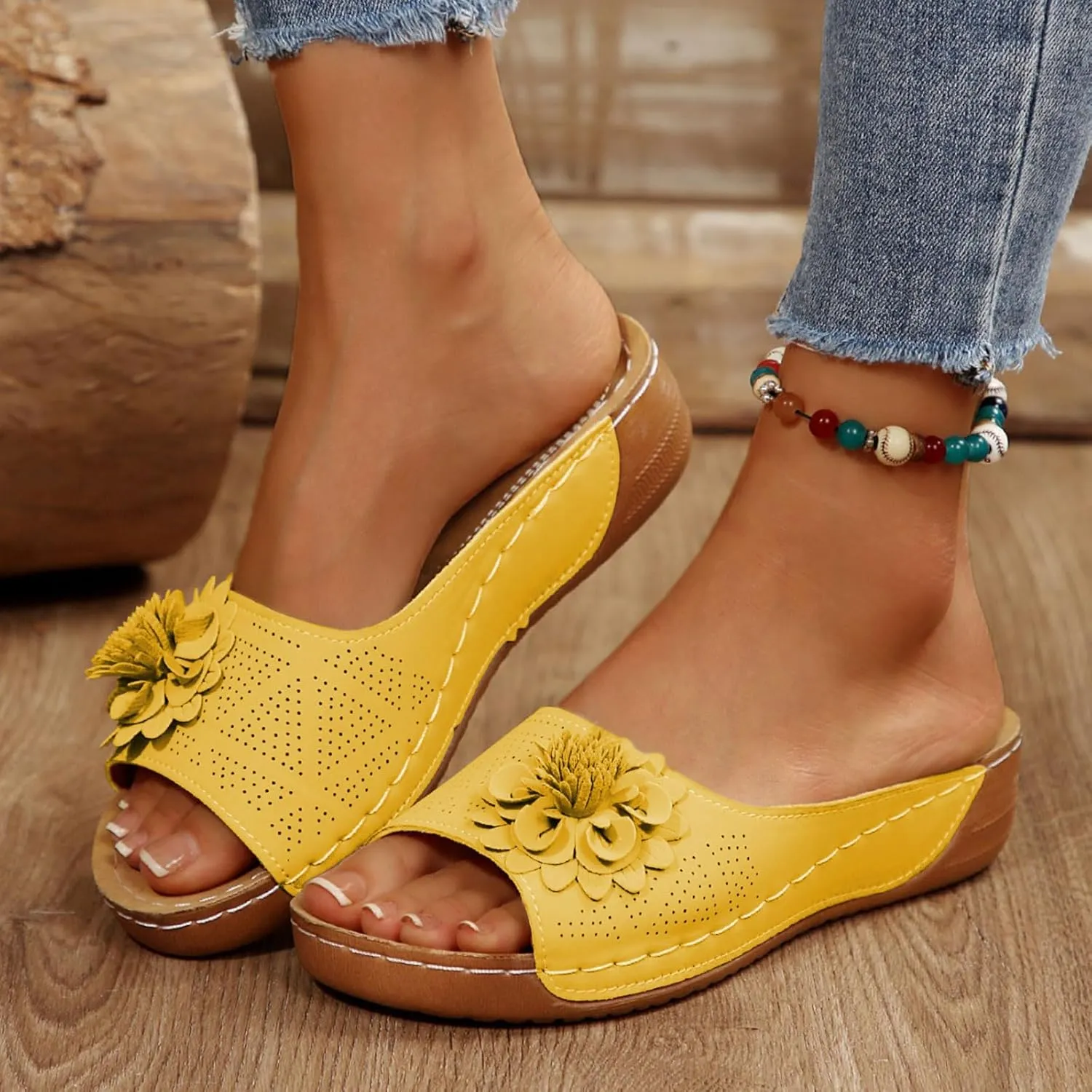 ZWRXW Orthopedic Sandals for Women,Arch Support Summer Beach Sandals,Fish Mouth Open Toe Leather Slippers,Chic Flowers Bohemian Flip Flops,Dressy Wedge Comfort Platform Sandal