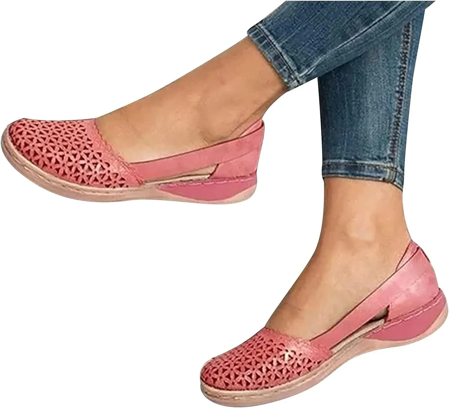 ZWRXW Sandals for Women Dressy Hollow Ballet Flats Round Toe Low Heels Lightweight Flats Sandals Casual Summer Slides Sandal Wedge Shoes Walking Shoes with Comfortable Plantar Fasciitis Arch Support