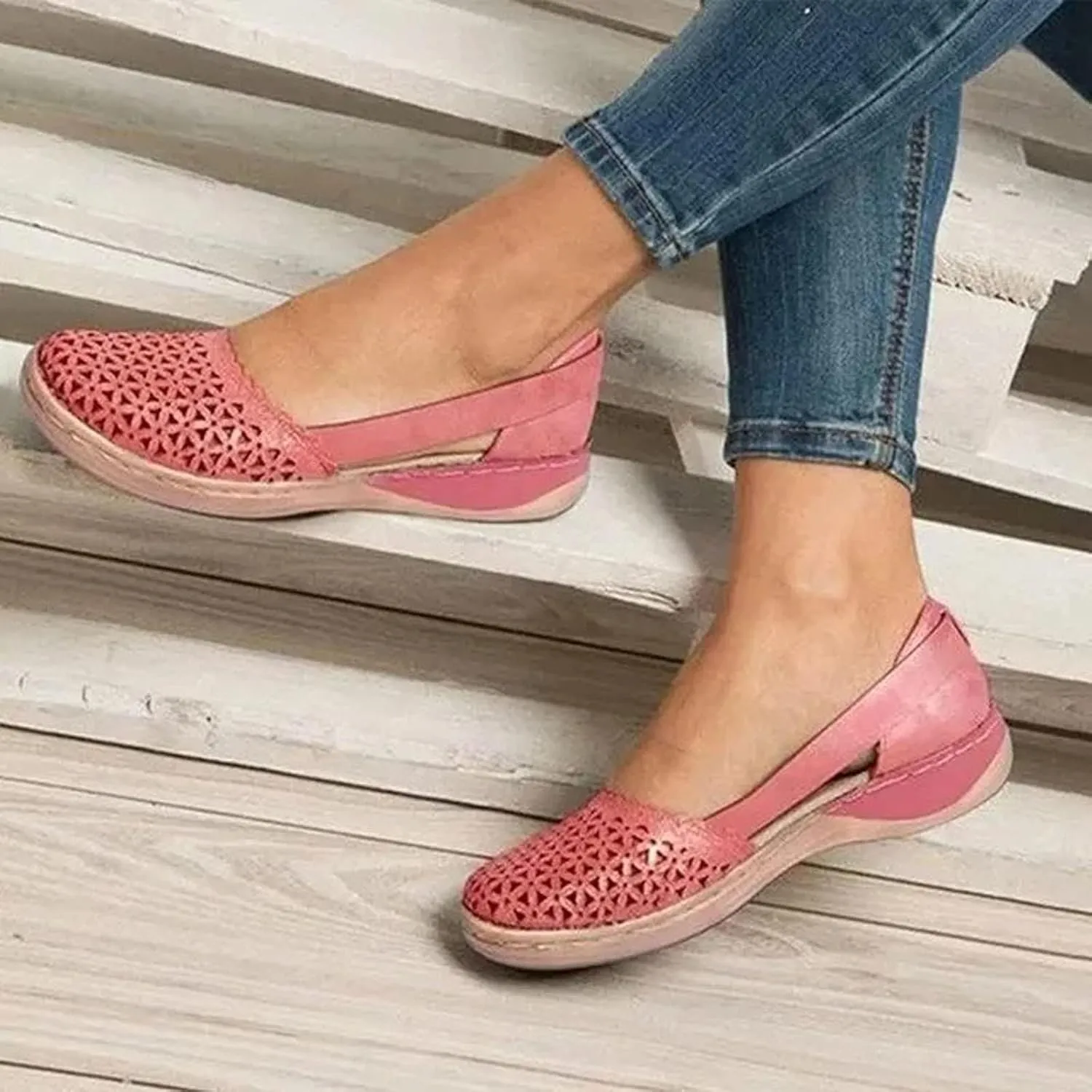 ZWRXW Sandals for Women Dressy Hollow Ballet Flats Round Toe Low Heels Lightweight Flats Sandals Casual Summer Slides Sandal Wedge Shoes Walking Shoes with Comfortable Plantar Fasciitis Arch Support
